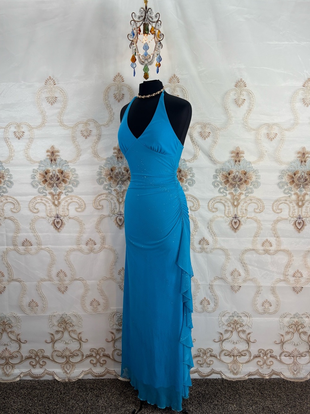 ✨Vintage Y2K Aqua Shimmer Ruched Halter Mermaid Maxi Dress✨